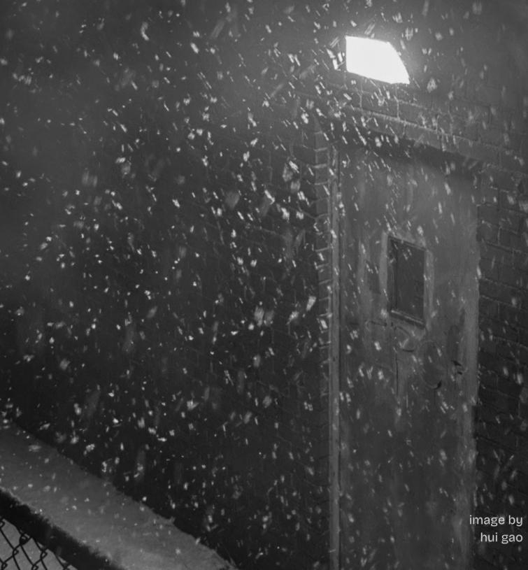 Black and white image of snow flurries gathering around a door with a light overhead