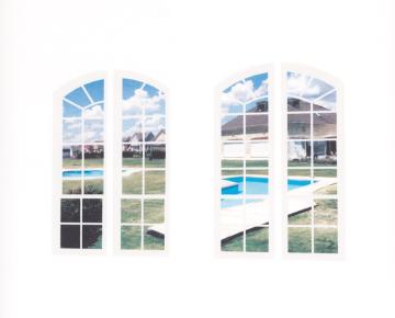 Two images of windows with views of suburban lawns presented on white background.