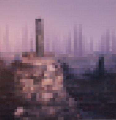 Boroburdur Sunrise, pixelated painting of a stoney landscape