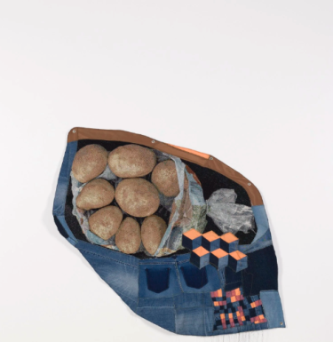 Tumblin’ Blocks, 2025, tapestry, jeans, cotton fabric, batting, thread, grommets, 42” x 56”