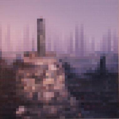 Boroburdur Sunrise, pixelated painting of a stoney landscape