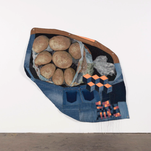 Tumblin’ Blocks, 2025, tapestry, jeans, cotton fabric, batting, thread, grommets, 42” x 56”